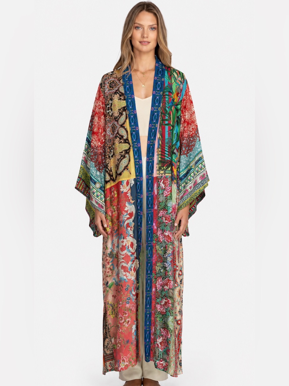 Johnny Was Silk Embroidered Patchwork Long Kimono